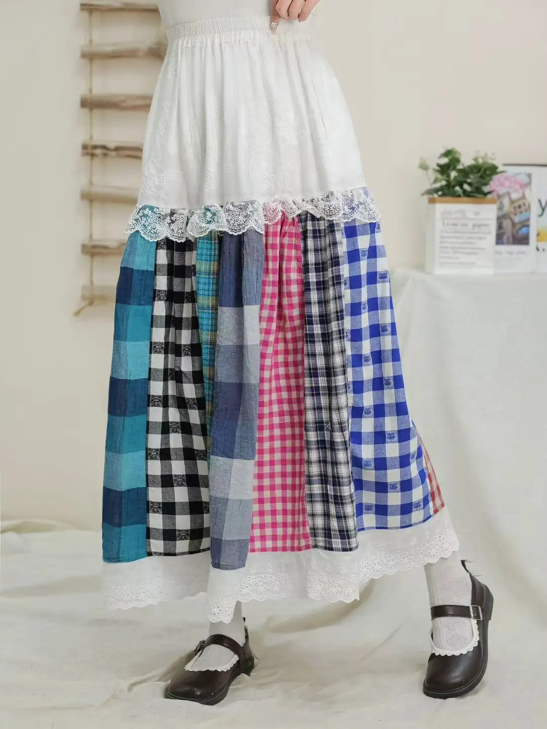 Retro bosque Sle Patchwork bordado Primavera Verano f falda cintura elástica versátil linda chica encaje empalme falda