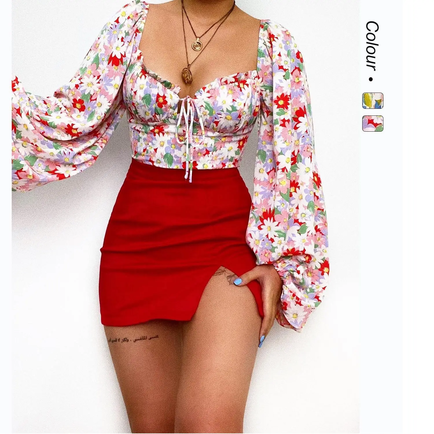

New European and American summer spot square collar chest strap French lantern sleeves loose floral top 203