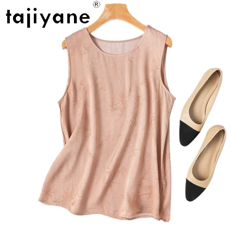 TAJIYANE 100% Mulberry Silk Women's Tanks Pink Jacquard Satin Vest O-Neck Sleeveless Summer Tops for Woman Clothing 2026 корсет