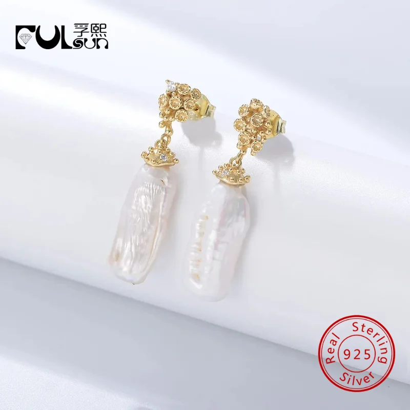 

925 Sterling Silver 14K Gold Plated Floral Baroque Pearl Drop Earrings Dainty Vintage Wedding Daily Jewelry Gift For Women