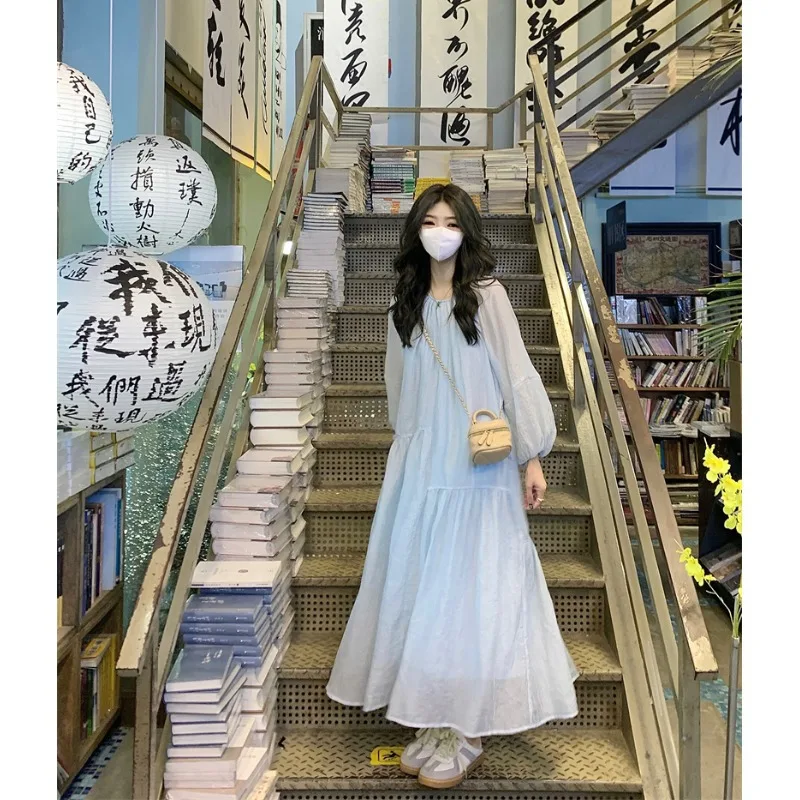 

[Fabric +] Idle Style Glacier Blue Sleeve Dress Women's Autumn Loose and Irregular Long