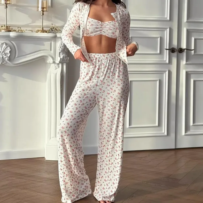 

2026 New Women's Jacquard Knitted 3 Piece Loungewear Set Long Sleeved Pajamas Suspender Trousers Autumn Winter Europe America