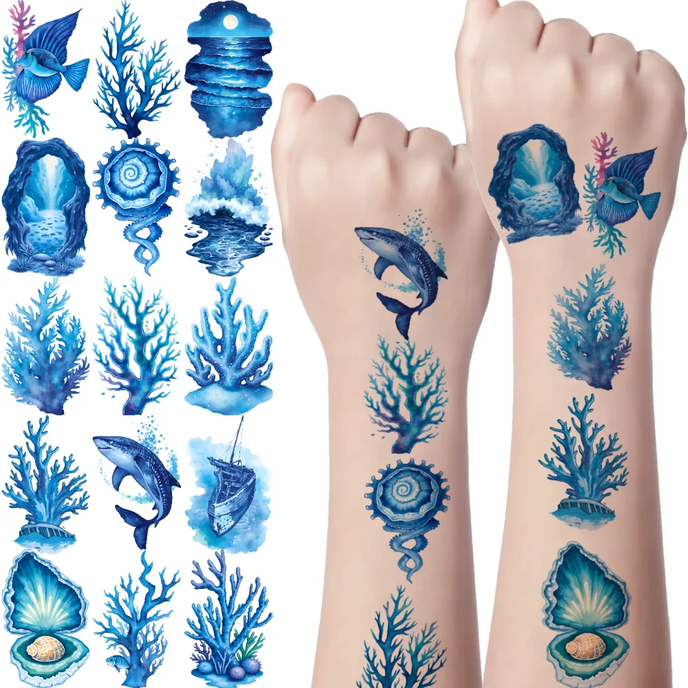 

63 шт. временные татуировки водостойкие долговечные наклейки для тела водоросли медузы временные татуировки наклейки морская звезда для щек