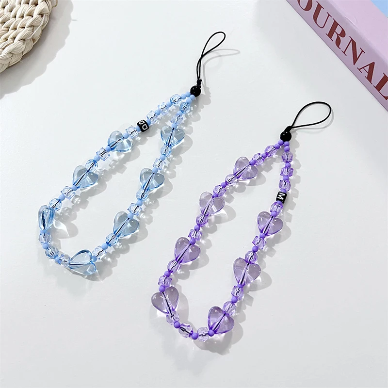 Y2K Love Heart Bead Phone Lanyard Simple Clear Beads Phone Strap Keychain Anti Lost Phone Chain Wristband Camera Charms