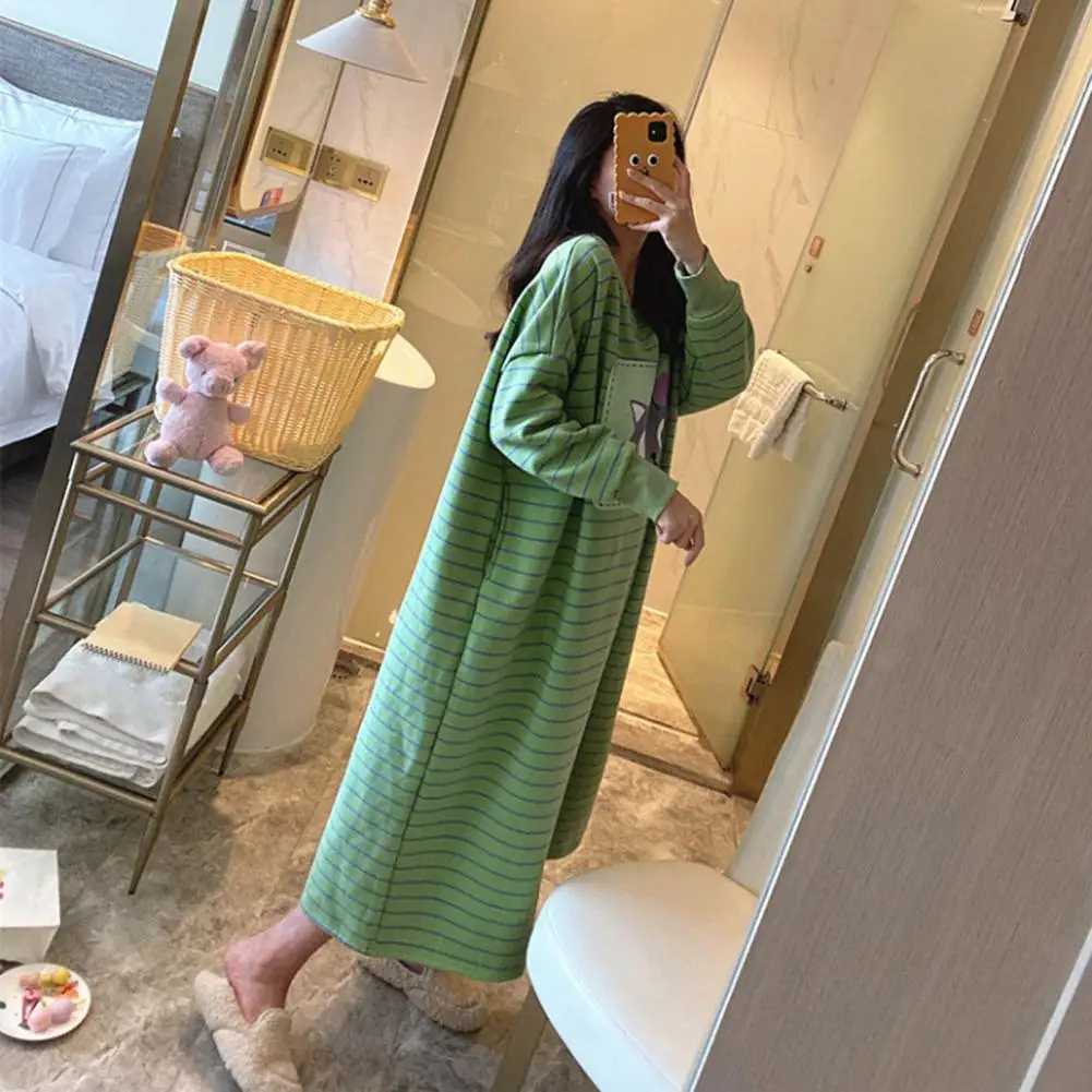 Women Dress O Neck Long Sleeve Breathable Loose Nightdress Warm Knee Length Pajamas for Winter Sleepwear