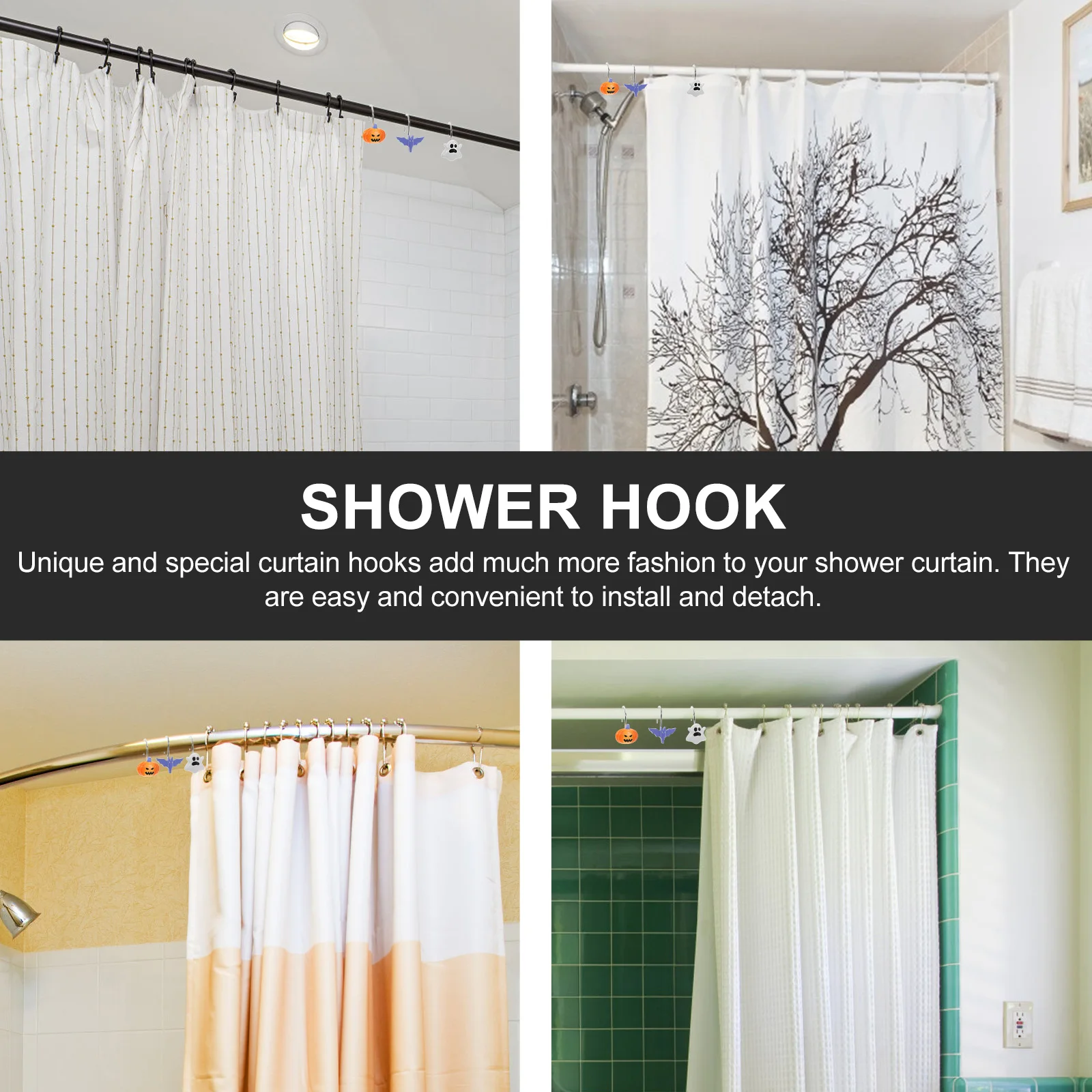 

12pcs Shower Curtain Hooks Halloween Theme Decorative Bathroom Hooks Ghost Bat Pumpkin Shape Smooth Surface Easy Install