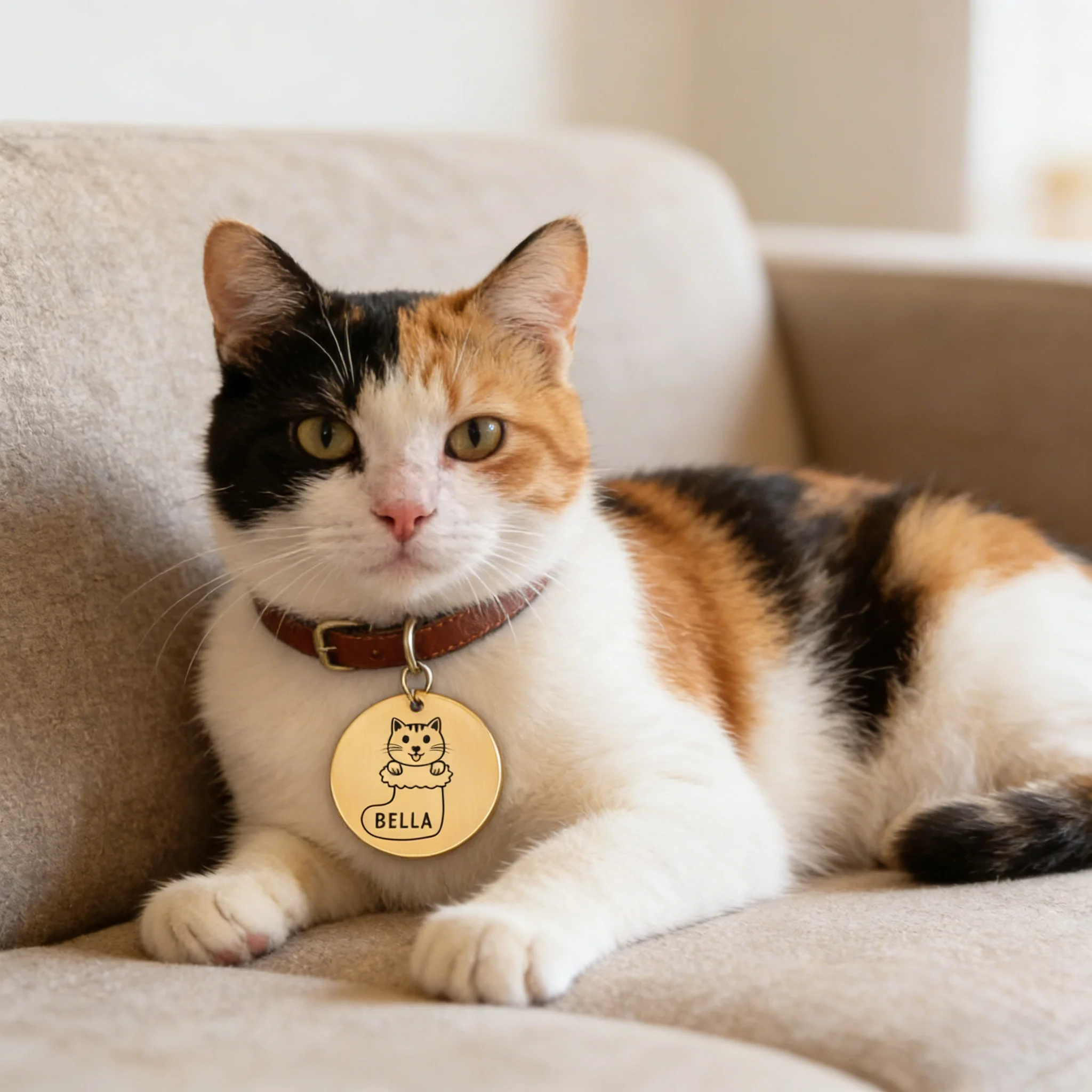 Customized pet nameplate with circular stainless steel text,