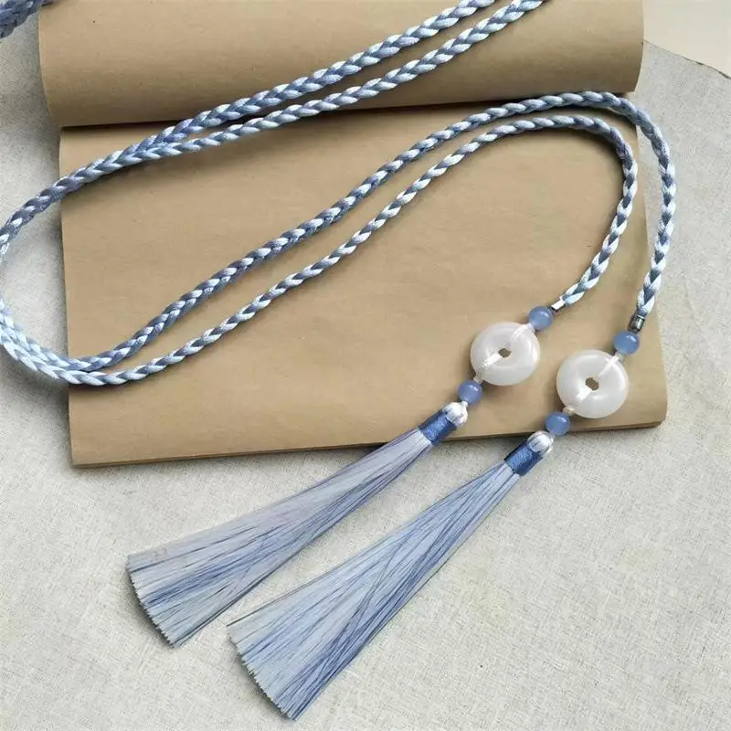 Vintage handgewebter Hanfu-Gürtel im chinesischen Stil mit traditionellem Ping-An-Anhänger, Taillenseil mit Quasten für Männer und Frauen. – Detail 4