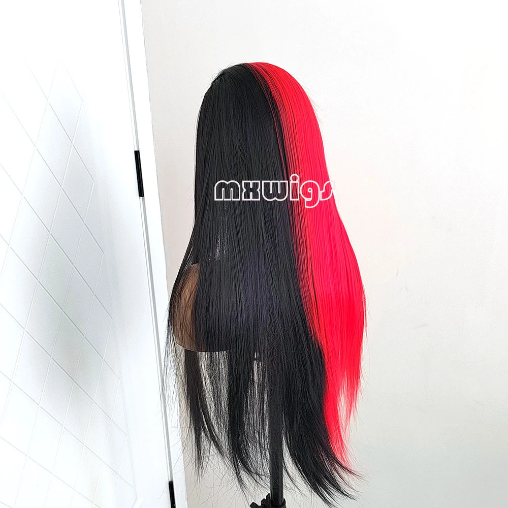 MXWIG Half Red Hair Black Straight Synthetic 13X4 Lace Frontal Wigs Long  Wig Glueless Soft Hair Heat Resistant Fiber Party