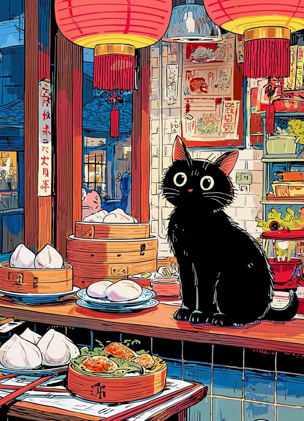 Chinese Dim Sum Shop Black Cat Jigsaw Puzzle, Red Lantern Steamer Dumpling Traditional Tea House Oriental Cartoon Wall Decor