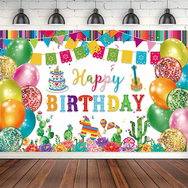 Mexican Fiesta Photography Backdrop Cinco De Mayo Glitter Balloon Colorful Floral Banner Happy Birthday Party Decor Background