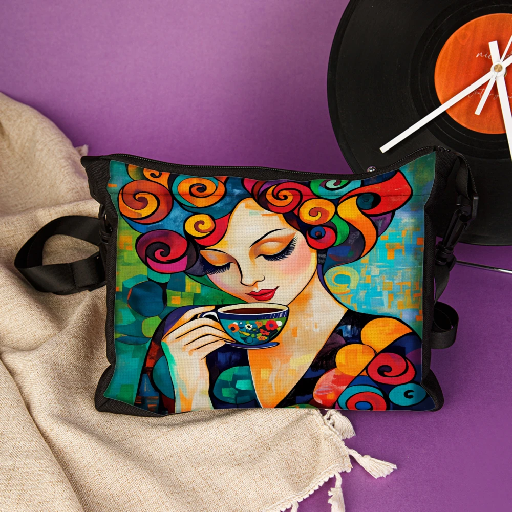 Colorful Artistic Woman Drinking Tea Crossbody Bag Multicolor Abstract Painting Print Shoulder Bags For Women Casual Work Travel
