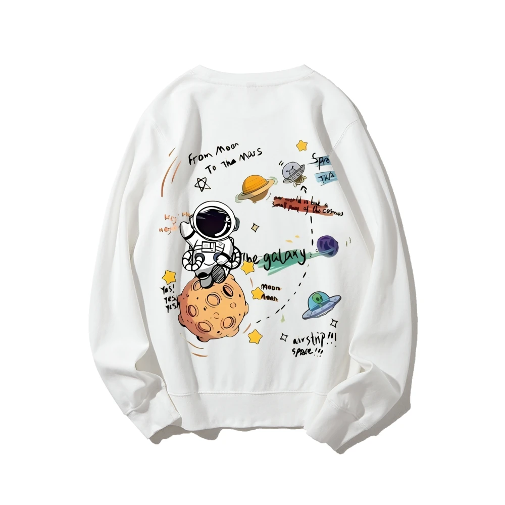Cartoon Astronaut Space Adventure Print Sweatshirt Casual Style Long Sleeved Hoodie Comfortable Loose Unisex Classic Pullover