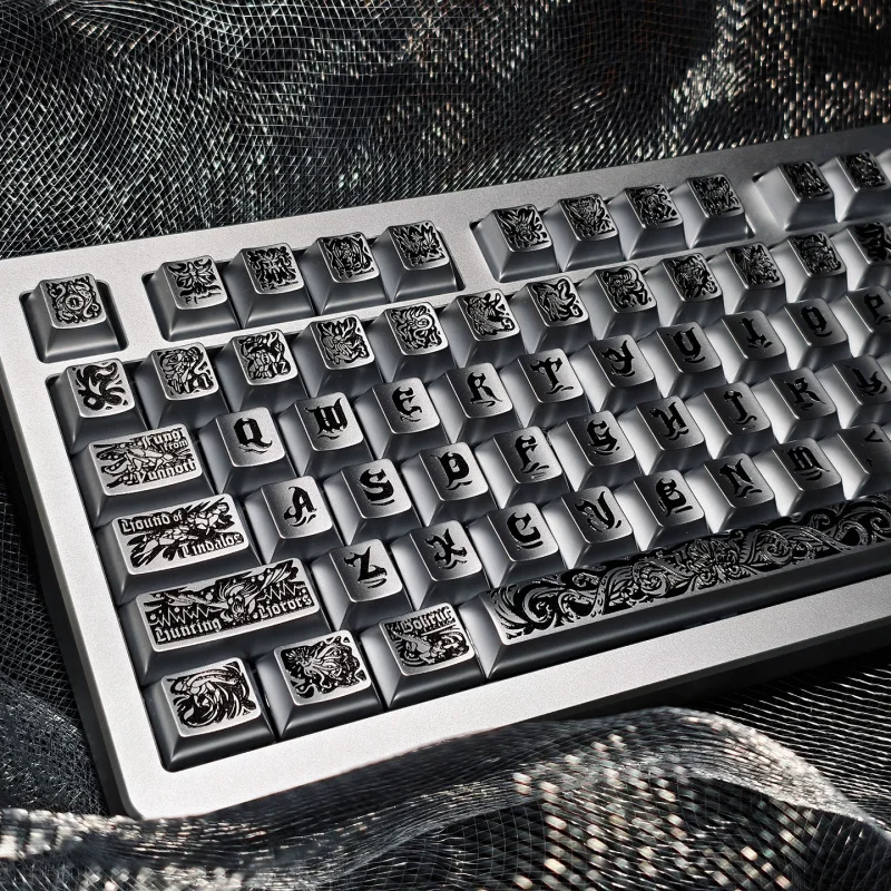 Cthulhu PBT Keycaps Set,130 Keys Custom Black Silver Metallic Silver Finish Cherry Profile Keycap For MX Mechanical Keyboard