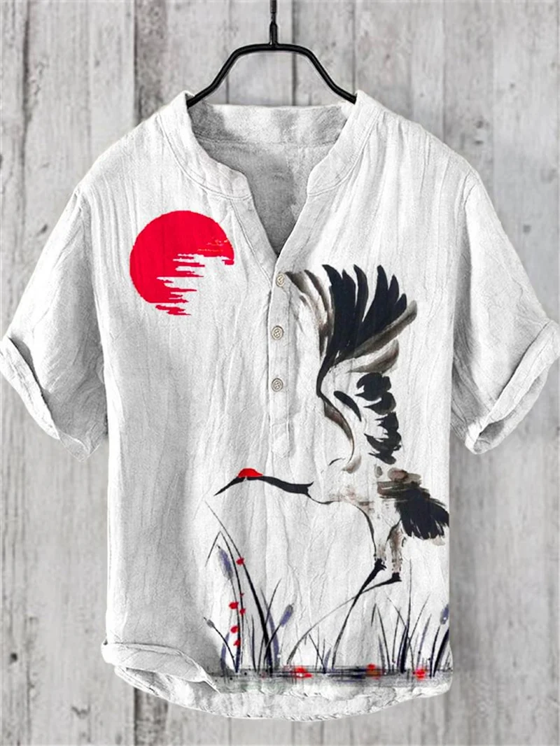 Hawaiian Men\'s Linen V-neck Shirt Men\'s T-shirt 2024 New 100% Linen Shirt HD Pattern Plus Size Crane Landscape Painting Shirt