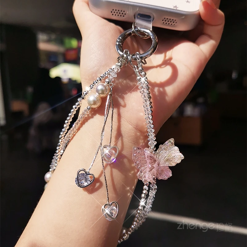 

Iridescent Butterfly Pearl Heart Rhinestone Chain Short Phone Lanyard, Multi Shiny Decor Anti-lost Charm