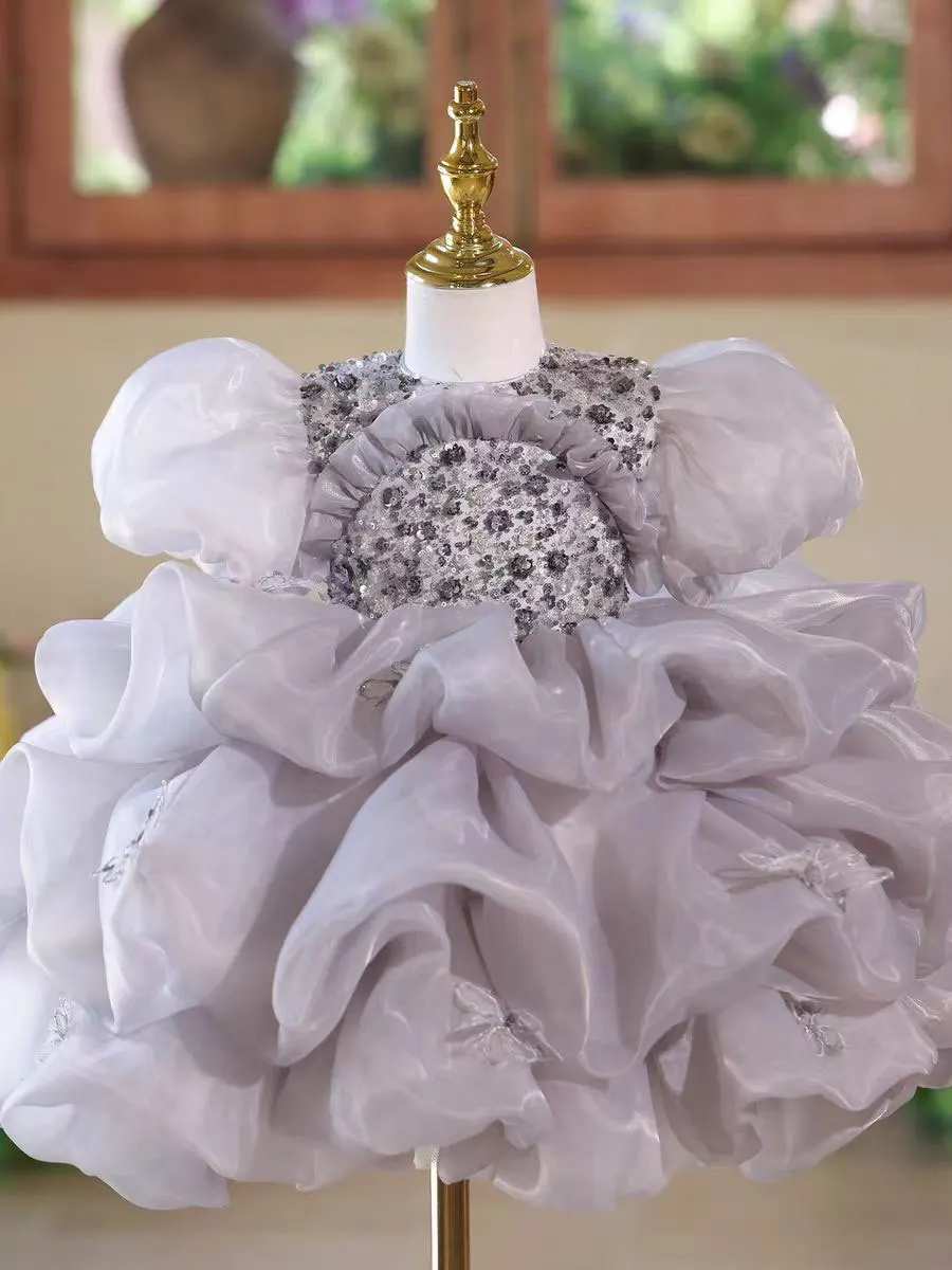 حالمة نذر D166 رمادي زهرة فتاة فستان مطوي طول الركبة الأميرة الاطفال الزفاف عيد ميلاد مهرجان حفلة مهرجان ثوب رسمي