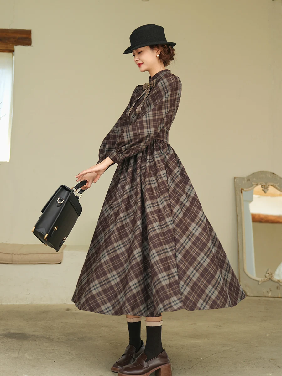 TIYIHAILEY женское зимне-осеннее клетчатое платье с длинными рукавами-фонариками, длинное женское платье до середины икры, S-XL, винтажное, с высокой талией, новинка 2023 г.