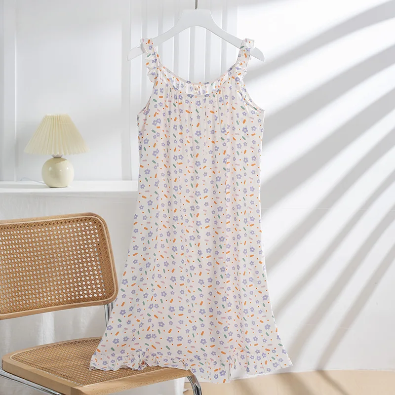 Sexy Nightwear Women Printed Cotton Sleepwear Dress Loose Thin Summer Nightgowns Female Sleeping Nighty Home Wear Night Shirt
