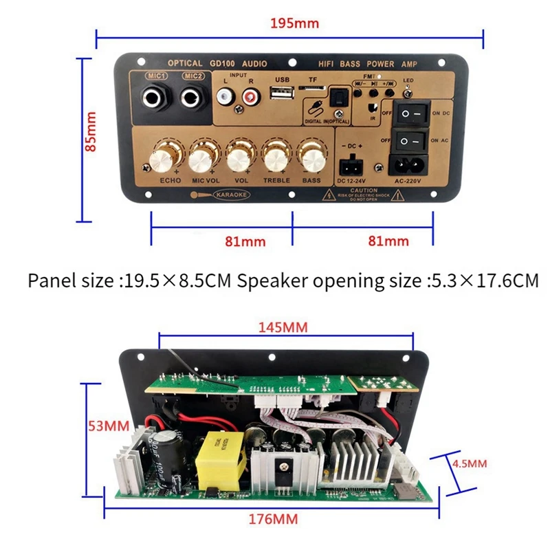 Placa amplificadora bluetooth gd100 com entrada de áudio óptico, amplificador de karaokê hifi, placa amplificadora para casa/carro, durável (plugue americano)