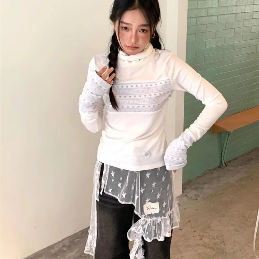 Повседневная кружевная мини-юбка со звездами в японском стиле, газовая юбка с высокой талией, фея Faldas, нерегулярная юбка с рюшами по краям для девочек