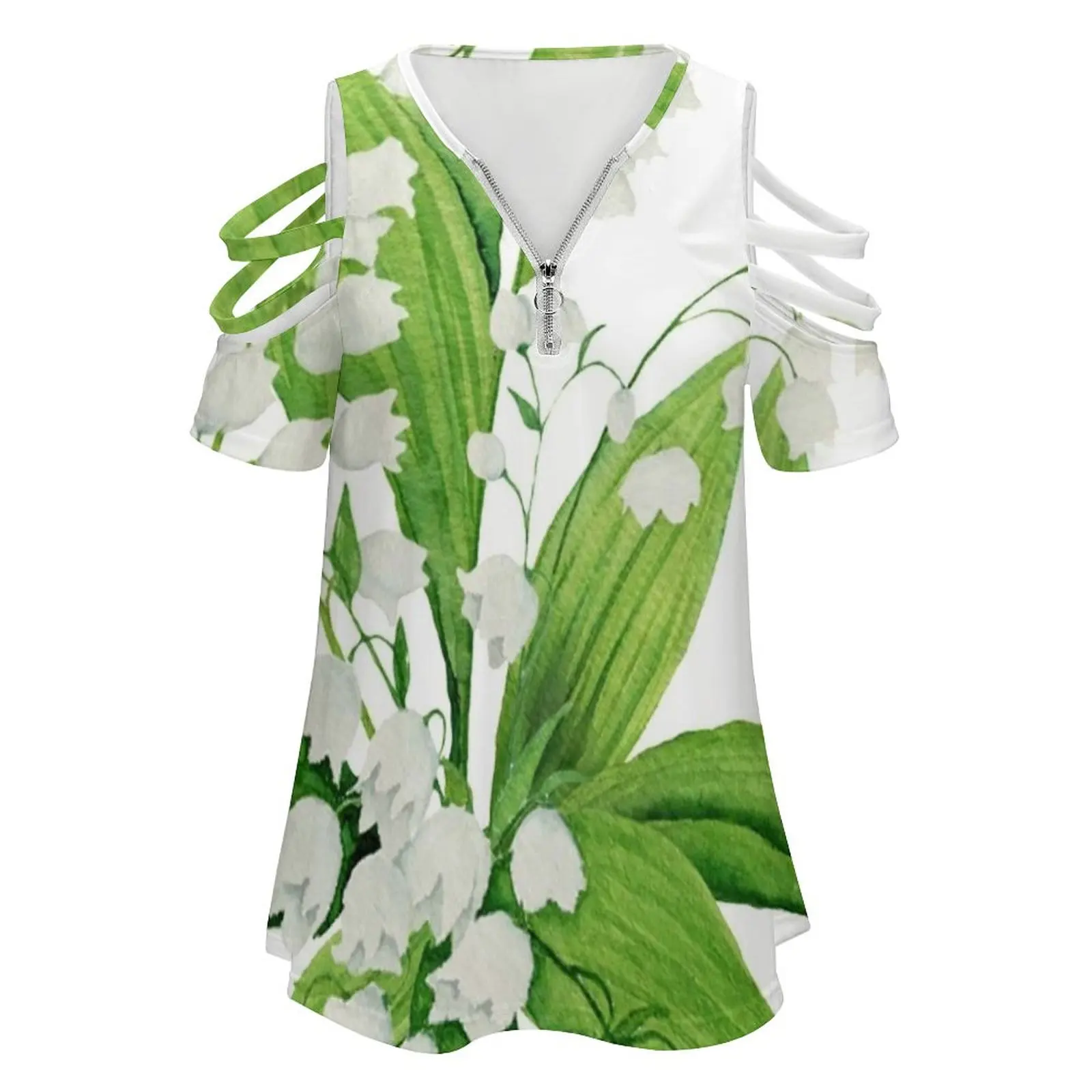 White Lily Of The Valley Women's T-Shirt New Fashion Printed Zipper V-Neck Short Sleeve T Shirts Casual Plus Size White Lily