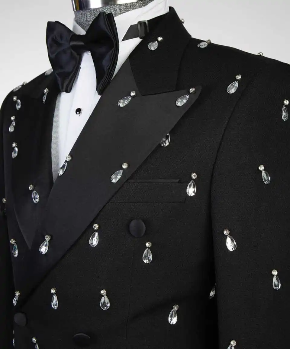 Large Crystal Groom Wedding Tuxedos2 Pieces Slim Fit Black Double Breasted Mens Suits Banquet Formal Wear