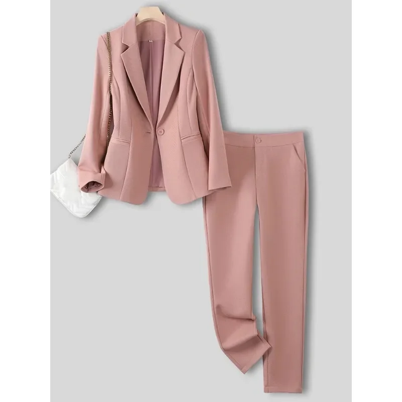 Pink Blue Black Formal Women Blazer and Pant Suit Ladies Female Business Work Wear Jacket Trouser 2 Piece Set For Autumn Winter