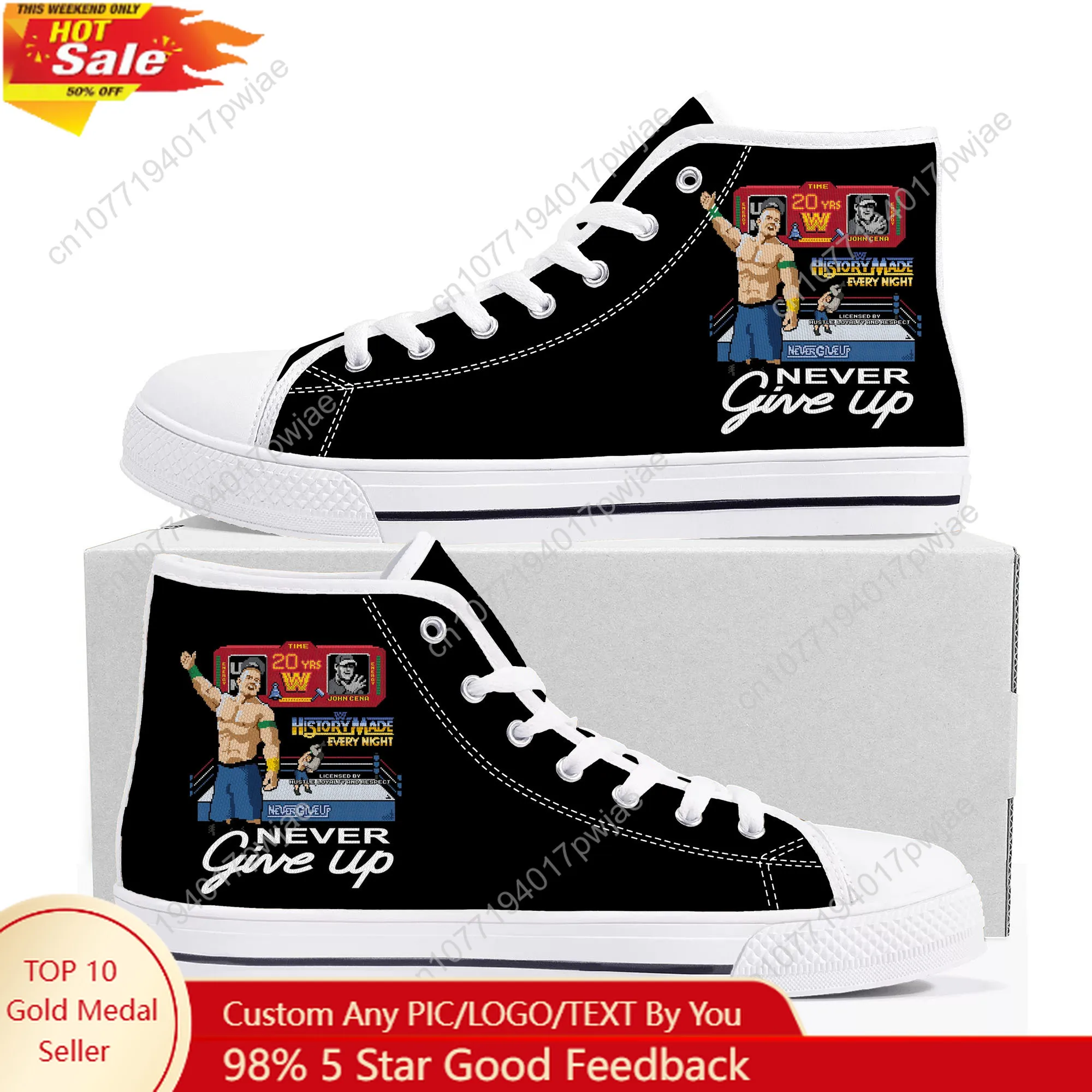 

John Cena 20 Years Never Give High Top High Quality Sneakers Mens Womens Canvas Sneaker Ghana Hiking Casual Shoes Custom Shoes