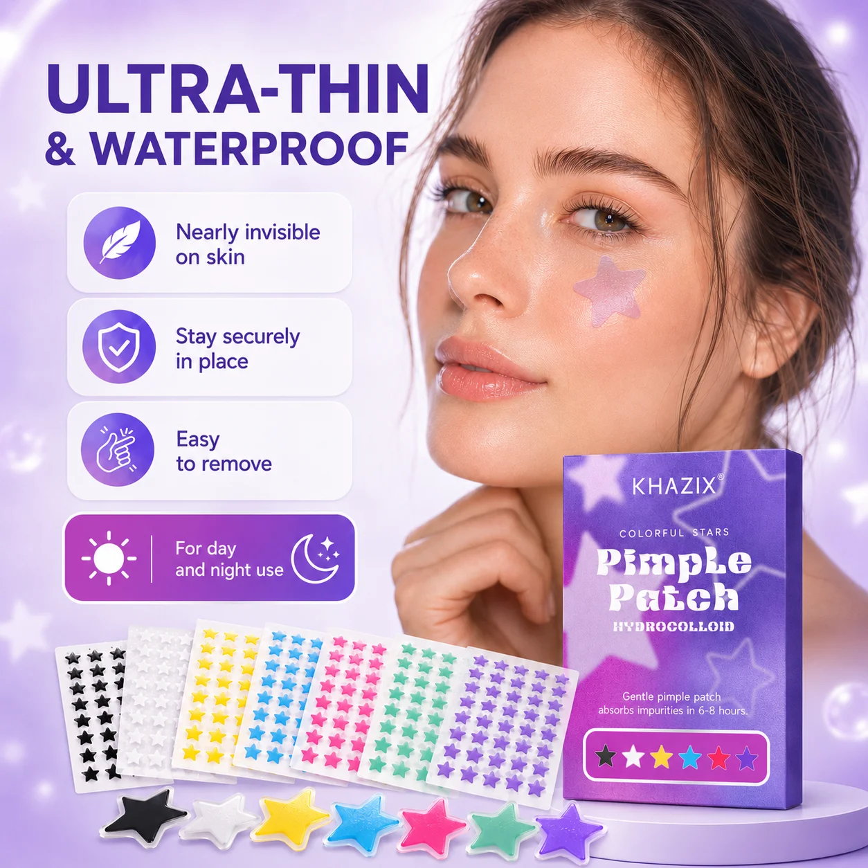 Star-Shaped Pimple Patches, 7 Color Hydrocolloid Acne Spot Covers, 125pcs, Ultra-Thin, Waterproof, Easy to Use