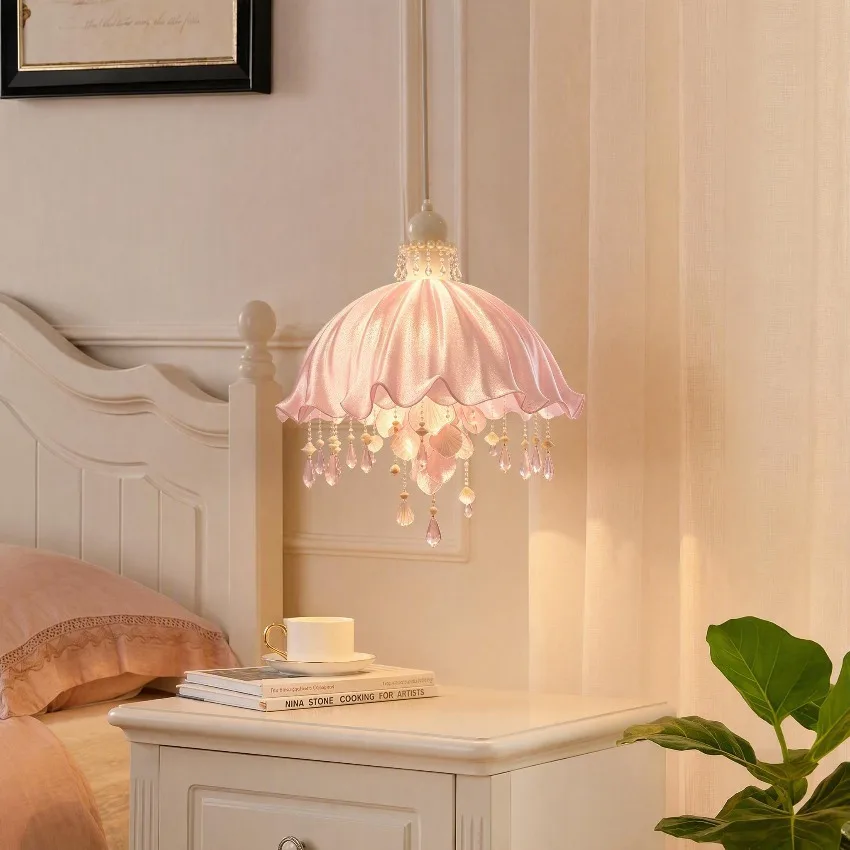 French princess style pink shell tassel pendant lights girl's bedroom bedside creamy eye-friendly pendant lamps home lighting