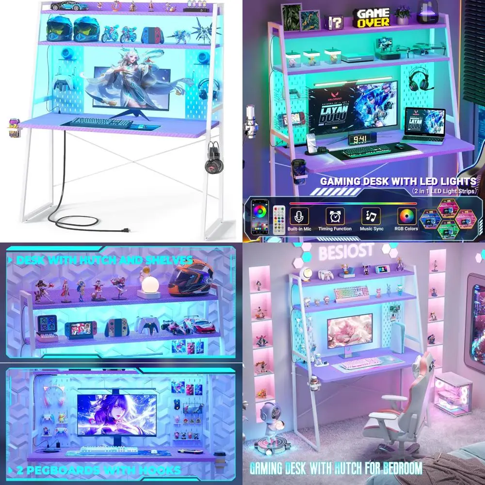 

Illuminated Gaming Desk with Storage and Outlets, featuring a Hutch and Pegboard for Enhanced Organization