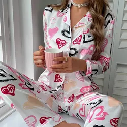 Women Spring Pajamas Heart Print Pajama Set Button Up Long Sleeve Top With Trousers Pijama Sets Women's Sleepwear Loungewear Pjs