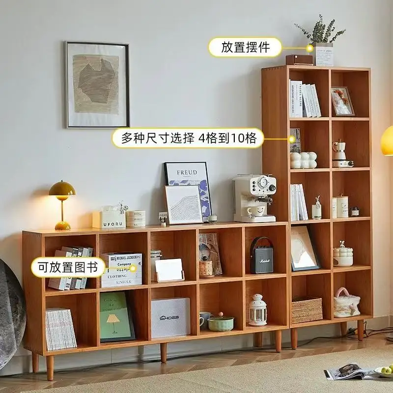 solid wood bookshelf cherry wood floor-to-ceiling bookcase simple lattice cabinet oak shelf storage display