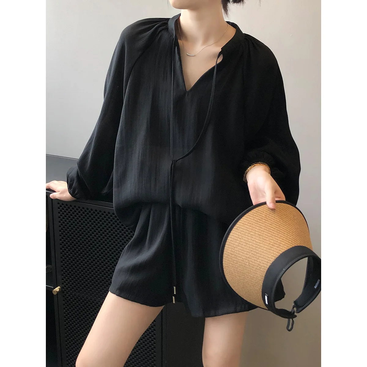 

French style black women's shirt, casual lace up sunscreen set for women's summer long sleeved women's shirt, wide leg shorts