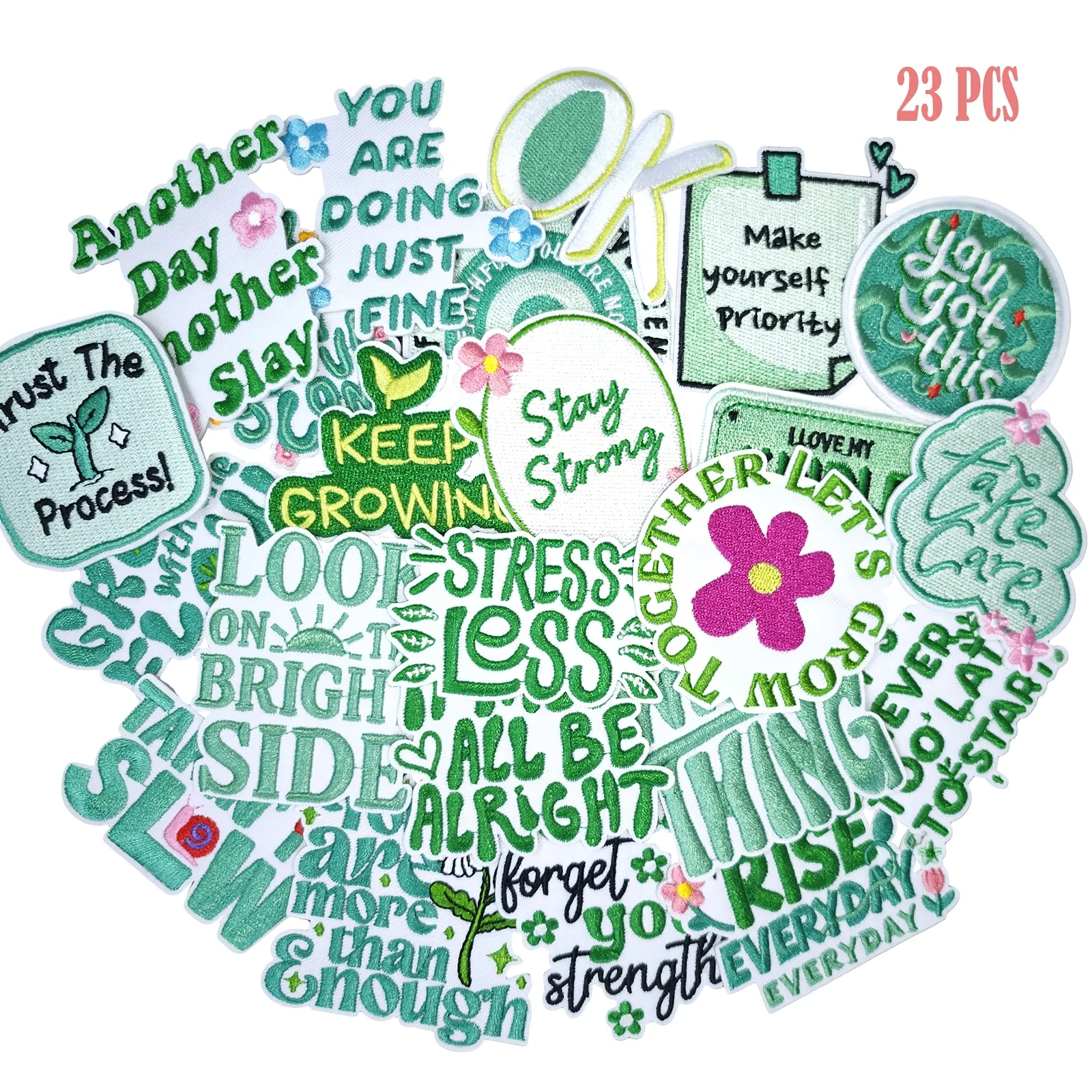 AXEN 23PCS Parches Bordados Termoadhesivos de Hojas Verdes, Apliques Bordados Termoadhesivos con Frases Positivas 'Stress Less Be Strong' para Decoración