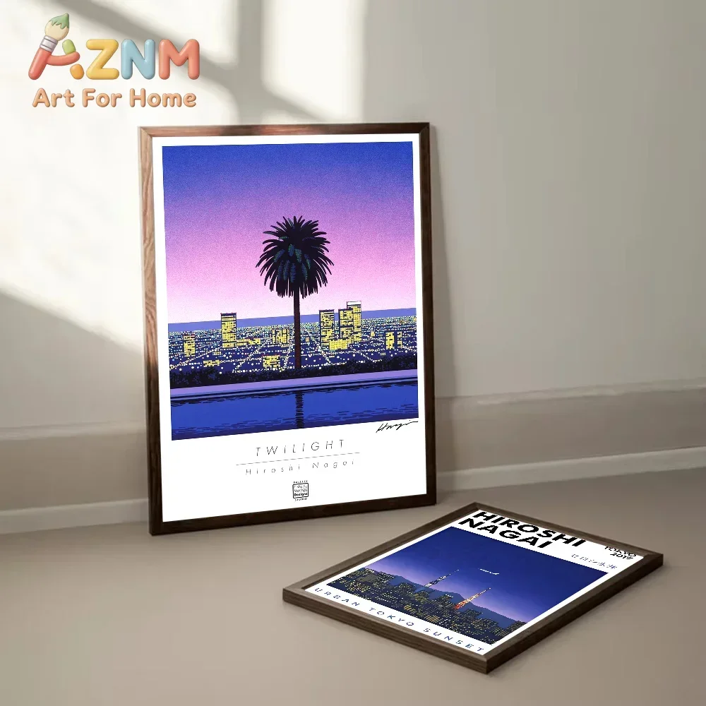 AZNM Hiroshi Nagai Vaporwave City Landscape Canvas Painting Frameless Wall Art Retro Palm Tree Pool Sunset Poster Home Decor Pri