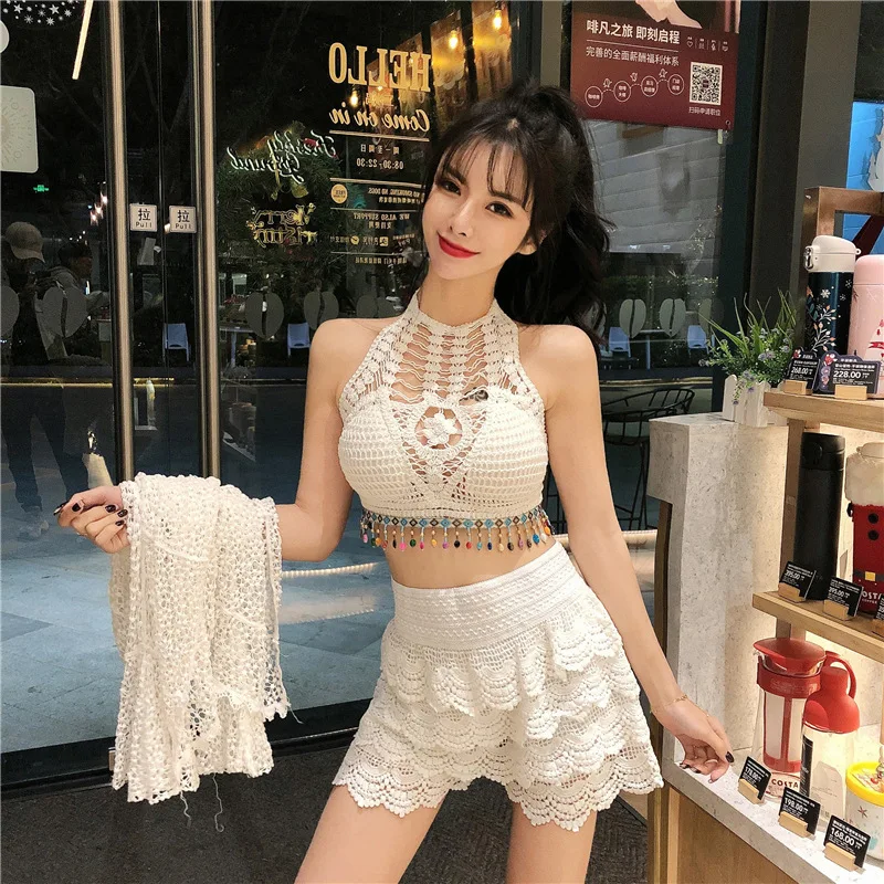 

New Sexy Lace Sun Protection Cardigan Spaghetti Straps Chest Wrap High Waist Wide Leg Shorts Fashionable Three-Piece Suit