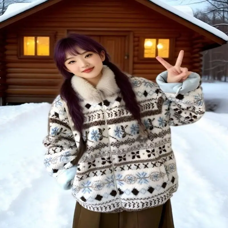 Giacca imbottita da donna Abbigliamento quotidiano da esterno Fair Isle Collo in pelliccia di agnello finta Cappotto invernale Giacca imbottita spessa calda stile etnico da donna