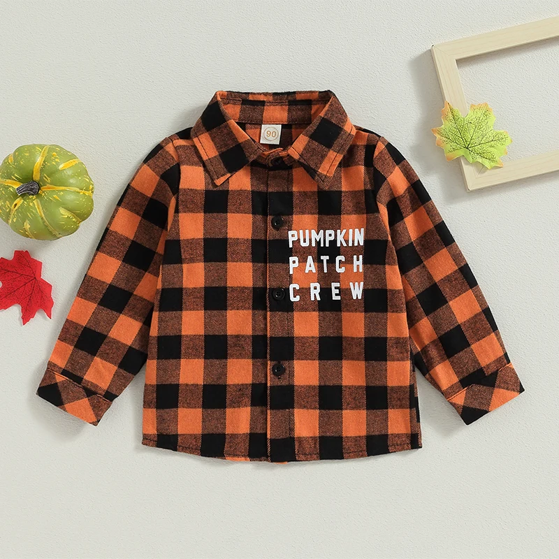 Mildsown Kids Boys Plaid Shirts Letter Print Turn-Down Collar Long Sleeve Toddler Halloween Clothes Fall Winter Casual Baby Tops