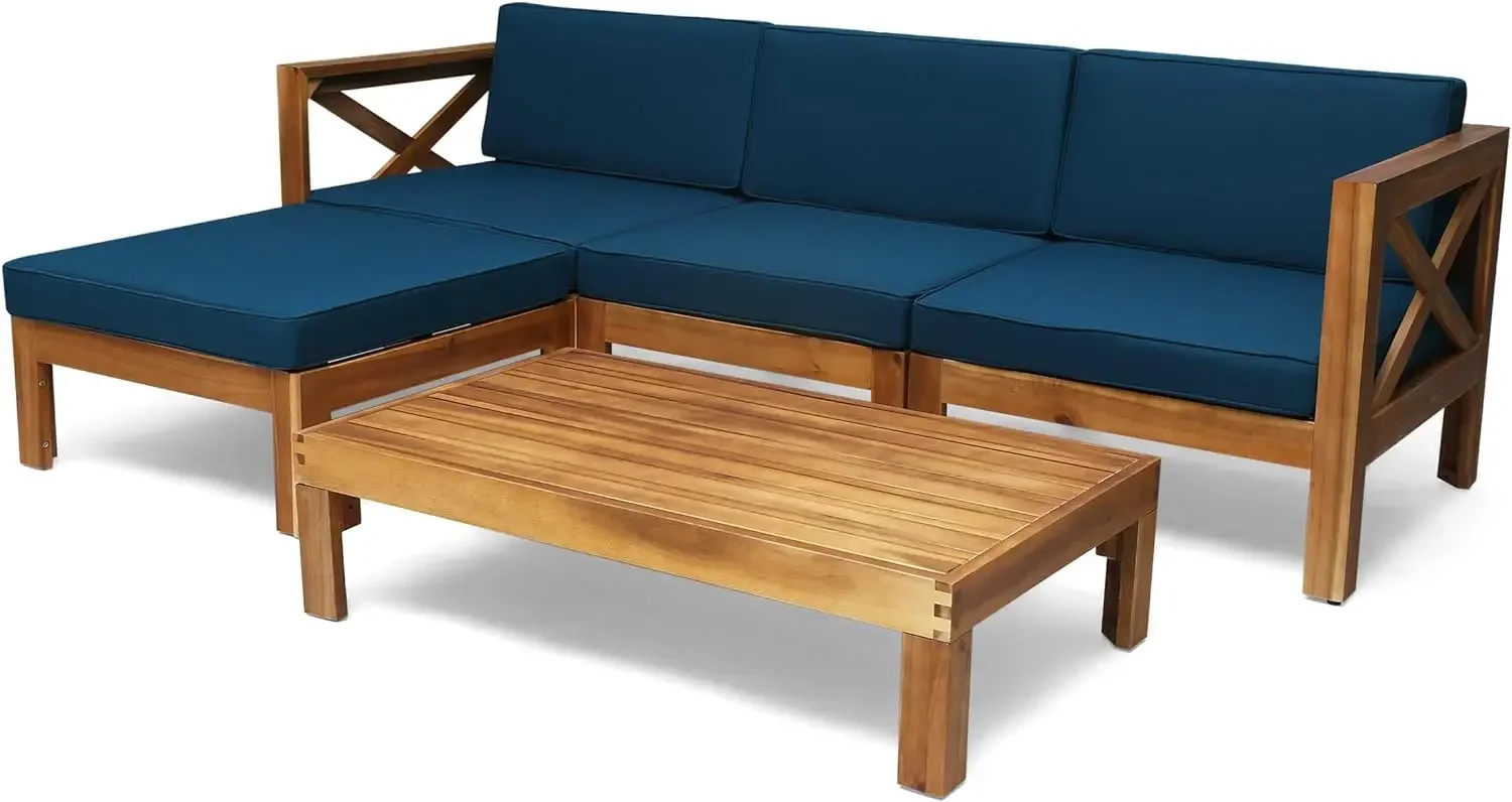 Knight Home Mamie Outdoor Acacia Wood 5 Piece Sofa Set, Teak Finish, Dark Teal