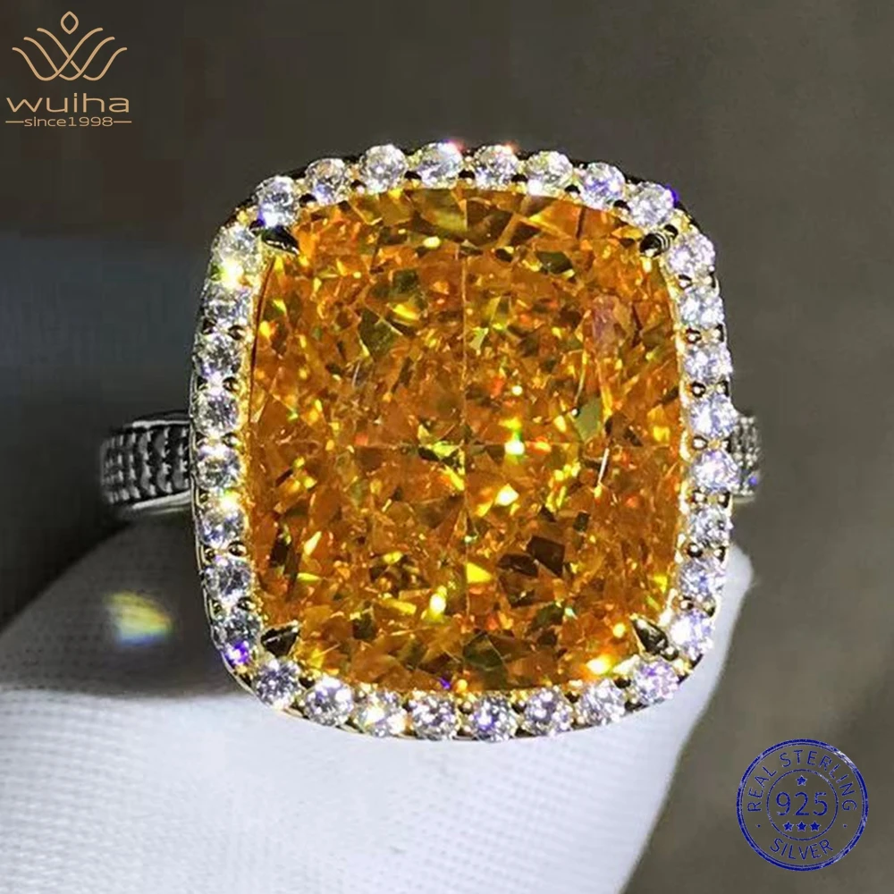 WUIHA Real 925 Sterling Silver 8CT Fancy Vivid Yellow Sapphire Synthetic Diamonds Ring for Women Anniversary Gifts Drop Shipping