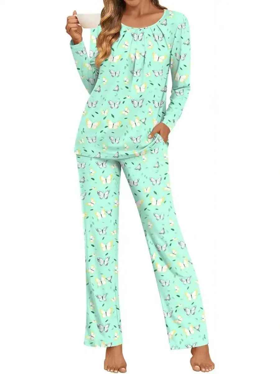 

Womens Long Sleeve Pajama Set With Pockets Soft Sleepwear Lounge Wear