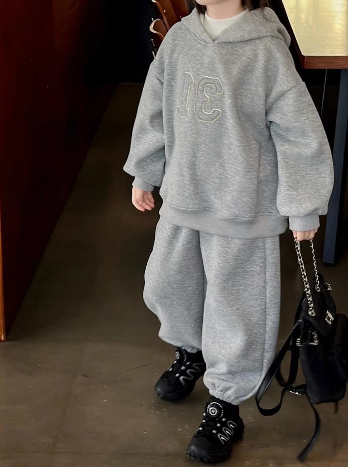 

Girls Fleece Thick Hoodies Suits Children 2024 New Autumn Winter Fashion Top Trousers Two-piece Set Clothes Korean Simple Style