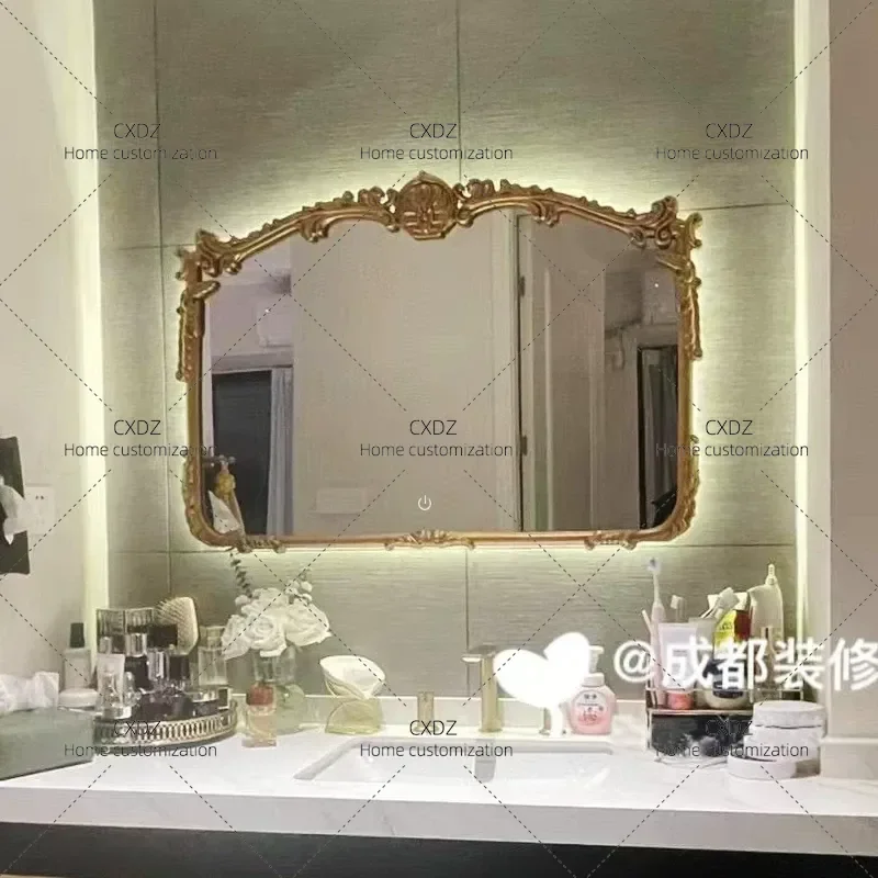 Vintage Carved Vanity Mirror Wall Mounted Decorative Mirror for Bathroom Villa Entrance Living Room Home Decoration