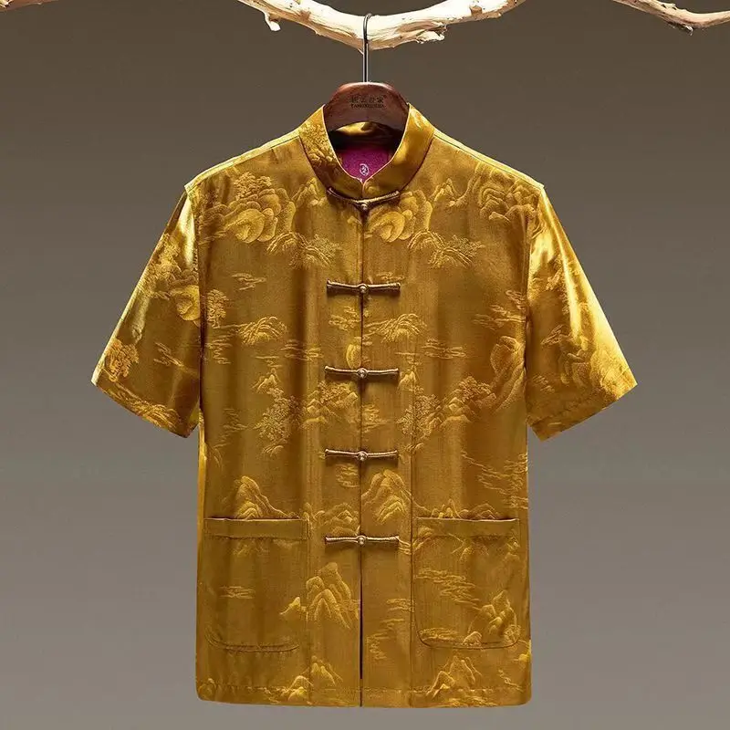 Elegancki męski koszulowy żakiet ort-Sve, casualowy, letni, vintage, w stylu kantonizm, z kołnierzykiem typu cloud collar, zapinany na guziki, Zhongan Sle, dopasowany krój, nie wymaga prasowania.