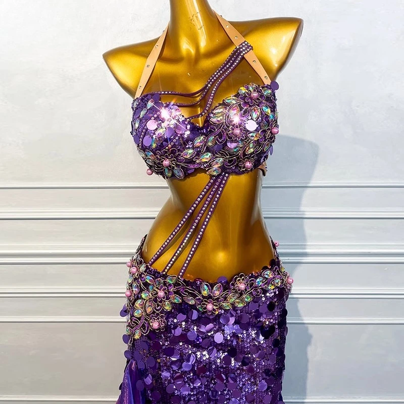 

customized belly dance costumes performance costume women's purple hot diamond bead bra hip wrapped fish tail long skirt set