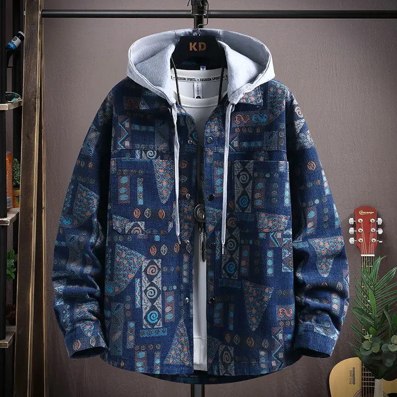 Denim Jacket Men Hooded Casual Men Jean Jackets Streetwear Solid Color Turn Down Collar Denim Coats Men Jacktes Hat Detachable