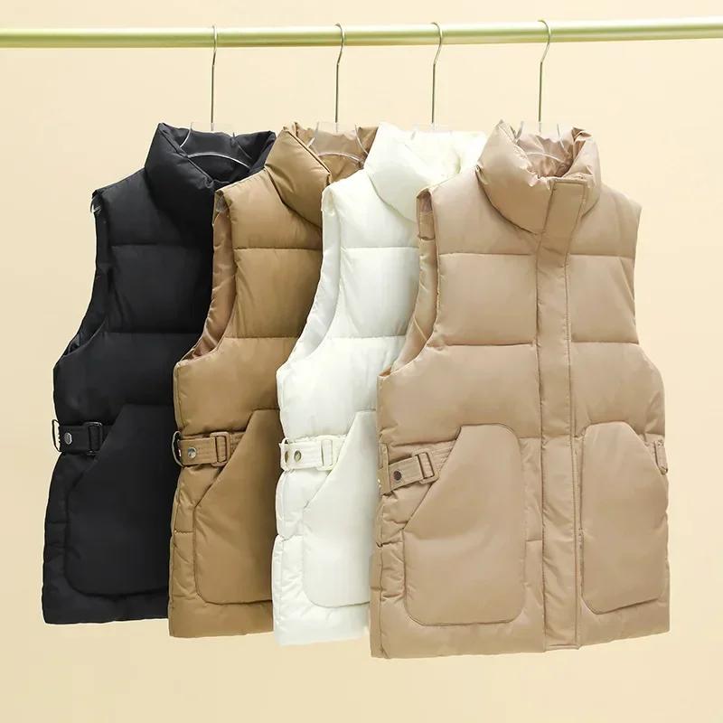 Women Vest Parkas Sleeveless Solid Jackets Zipper Button Splice Thick Vests Pockets Stand Collar Coats Elegant Lady Parka