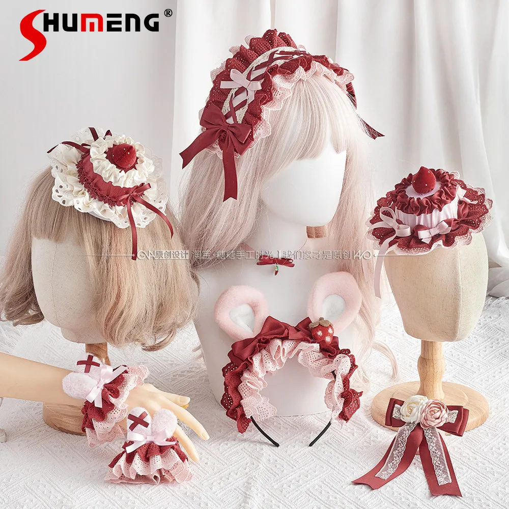 Diadema y Horquilla KC de Pastel de Fresa para Niña, Estilo Lolita, Hechas a Mano en Japón, Accesorios Kawaii para el Cabello